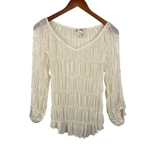 Boho Ruffle Semi Sheer Top Medium Flowy Balloon Sleeve Cream Fairy Cottage Layer